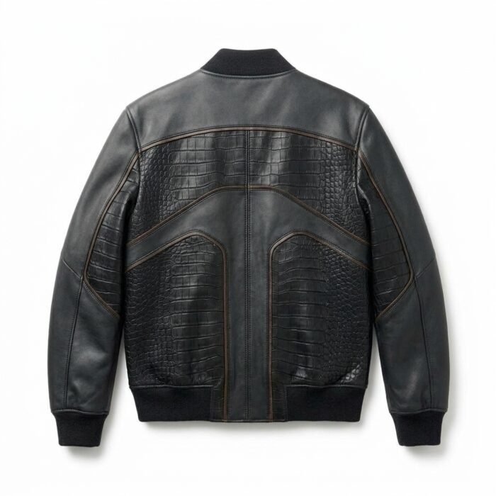Premium Men's Black Crocodile Embossed Bomber Leather Jacket MAS Leather Garments Back View