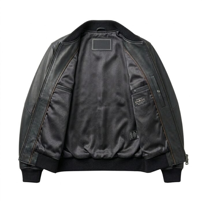Premium Men's Black Crocodile Embossed Bomber Leather Jacket MAS Leather Garments Inner View