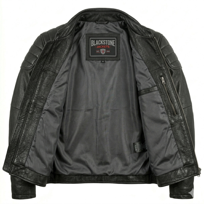 Premium Men's Black Genuine Leather Cafe Racer Jacket MAS Leather Garments Inner View