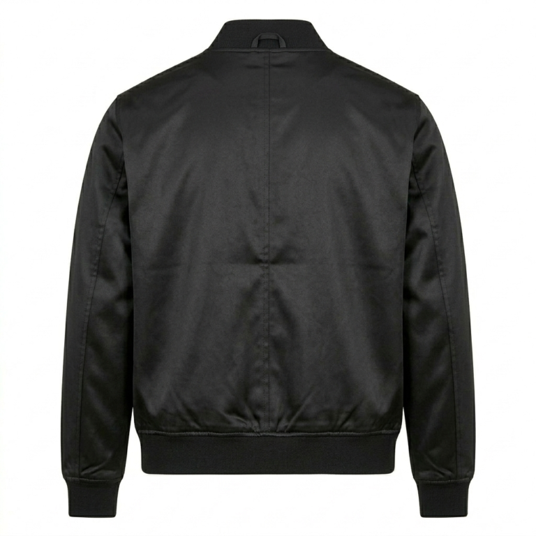 Premium Men's Black Satin Bomber Jacket MAS Leather Garments Back View