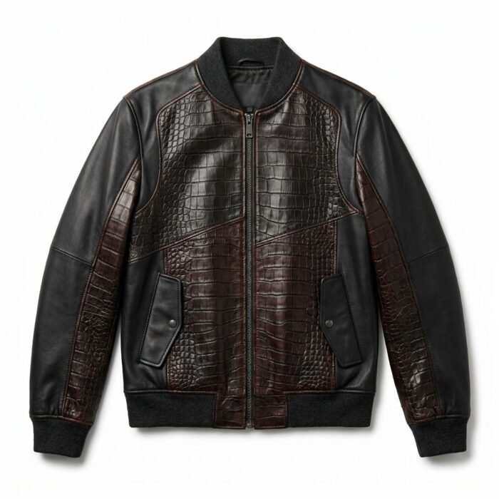 Premium Men's Brown Crocodile Embossed Real Leather Jacket MAS Leather Garments