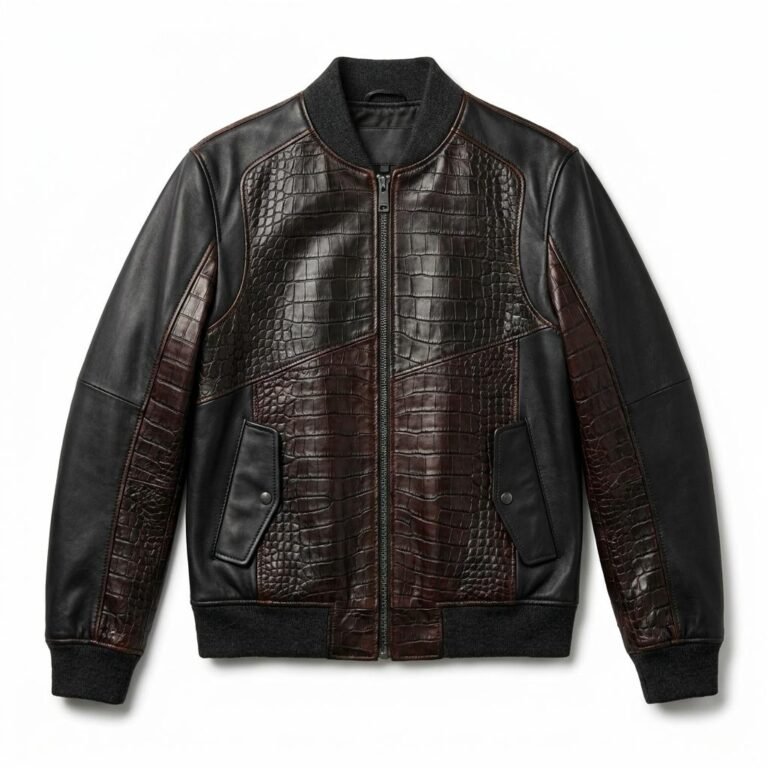 Premium Men's Brown Crocodile Embossed Real Leather Jacket MAS Leather Garments