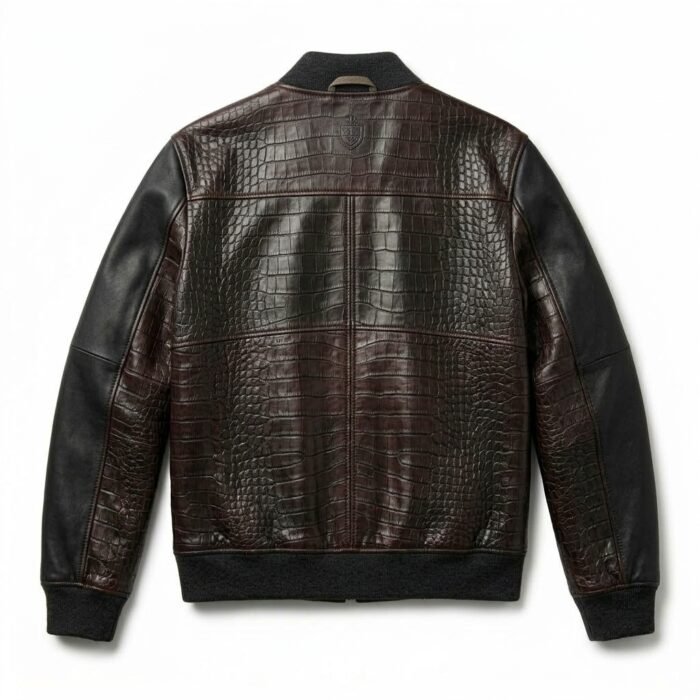 Premium Men's Brown Crocodile Embossed Real Leather Jacket MAS Leather Garments Back View