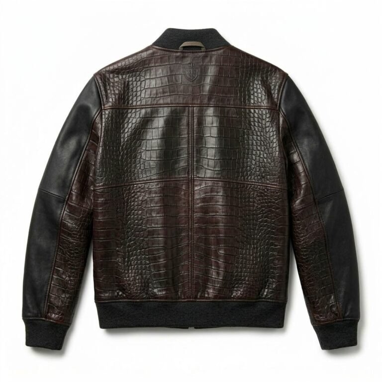 Premium Men's Brown Crocodile Embossed Real Leather Jacket MAS Leather Garments Back View