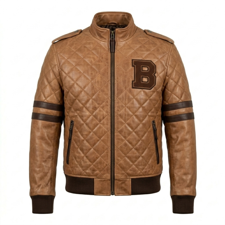 Premium Men's Brown Quilted Varsity Leather Jacket MAS Leather Garments