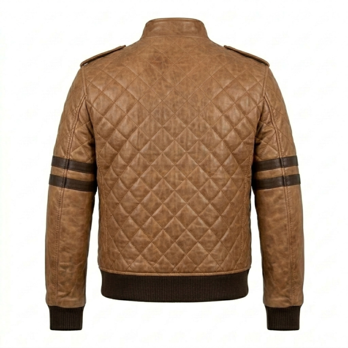 Premium Men's Brown Quilted Varsity Leather Jacket MAS Leather Garments Back View