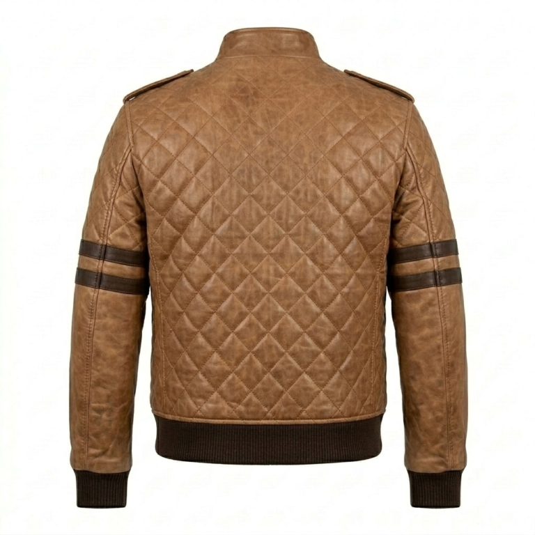 Premium Men's Brown Quilted Varsity Leather Jacket MAS Leather Garments Back View