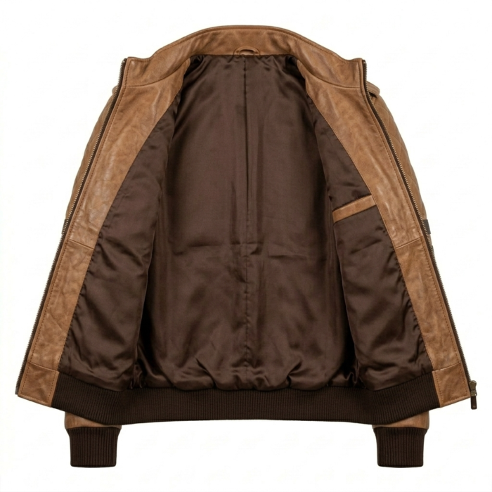Premium Men's Brown Quilted Varsity Leather Jacket MAS Leather Garments Inner View