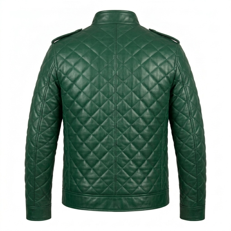 Premium Men's Green Quilted Leather Jackets MAS Leather Garments Back View