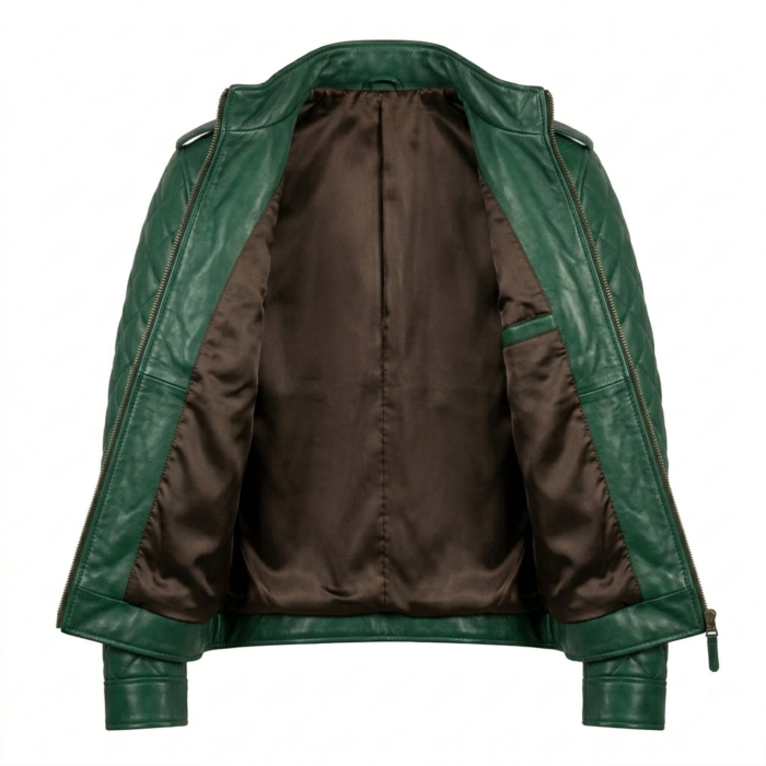 Premium Men's Green Quilted Leather Jackets MAS Leather Garments Inner View