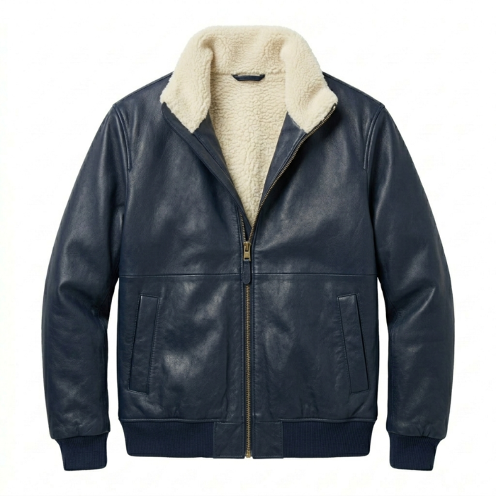 Premium Men's Navy Sherpa Leather Jacket MAS Leather Garments