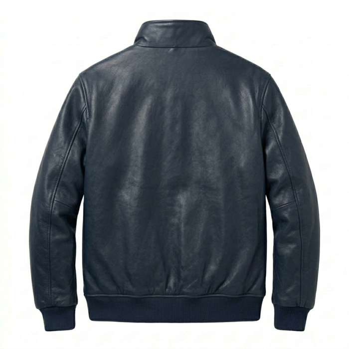 Premium Men's Navy Sherpa Leather Jacket MAS Leather Garments Back View