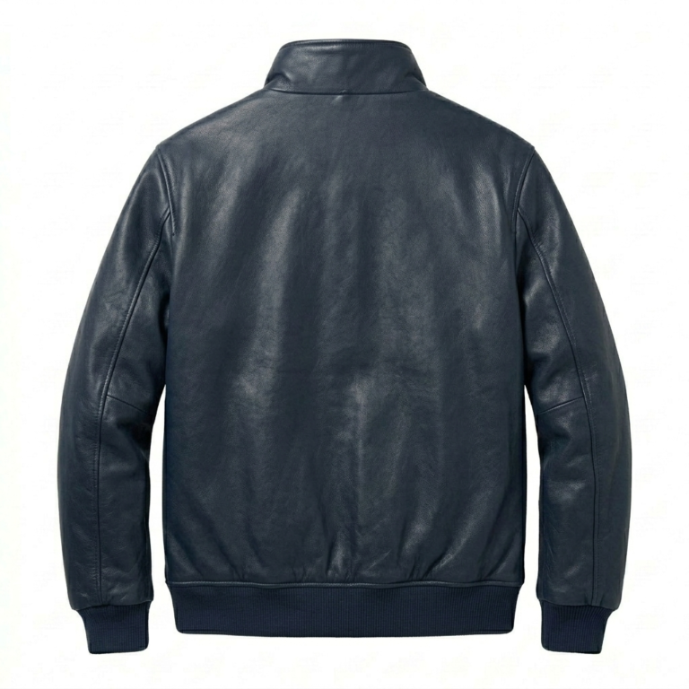Premium Men's Navy Sherpa Leather Jacket MAS Leather Garments Back View