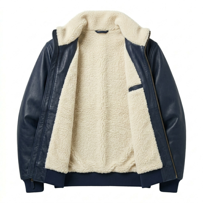 Premium Men's Navy Sherpa Leather Jacket MAS Leather Garments Inner View