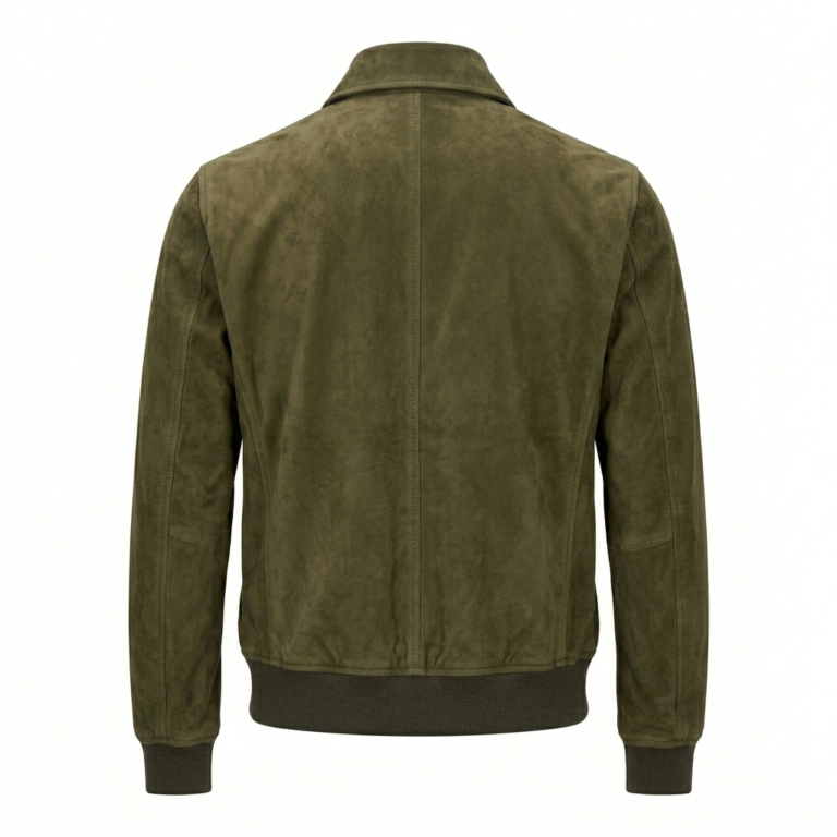 Premium Men's Olive Green Genuine Leather Suede Jacket MAS Leather Garments Back View