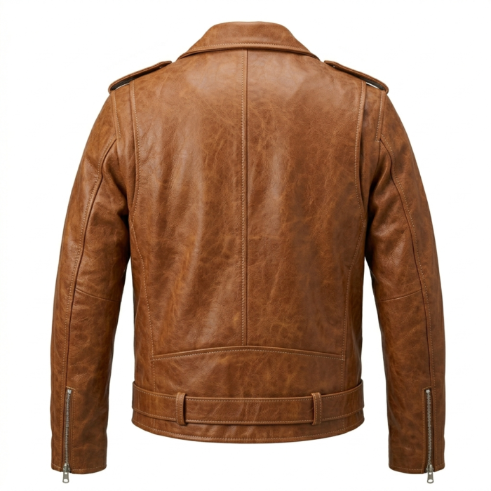 Premium Men's Tan Genuine Leather Double Rider Jacket MAS Leather Garments Back View