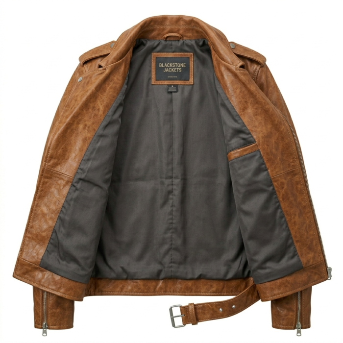 Premium Men's Tan Genuine Leather Double Rider Jacket MAS Leather Garments Inner View