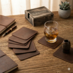Premium Stitched Rustic Brown Pack of 7 Square Leather Coasters | MAS Leather Garments