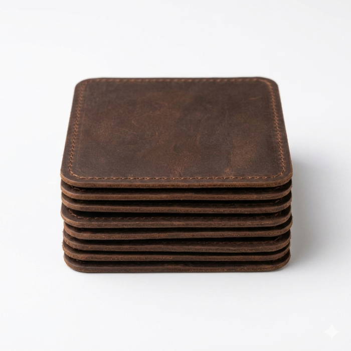 Premium Stitched Rustic Brown Pack of 7 Square Leather Coasters | MAS Leather Garments