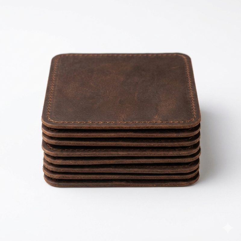 Premium Stitched Rustic Brown Pack of 7 Square Leather Coasters | MAS Leather Garments