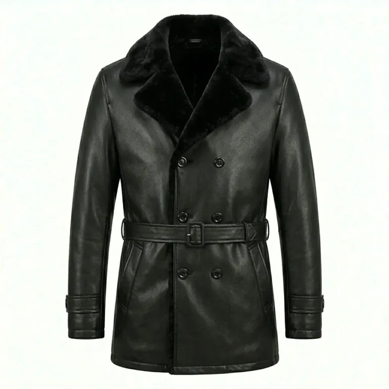 Refined Men's Black Leather Belted Fur Collar Coat Sale front MAS Leather Garments
