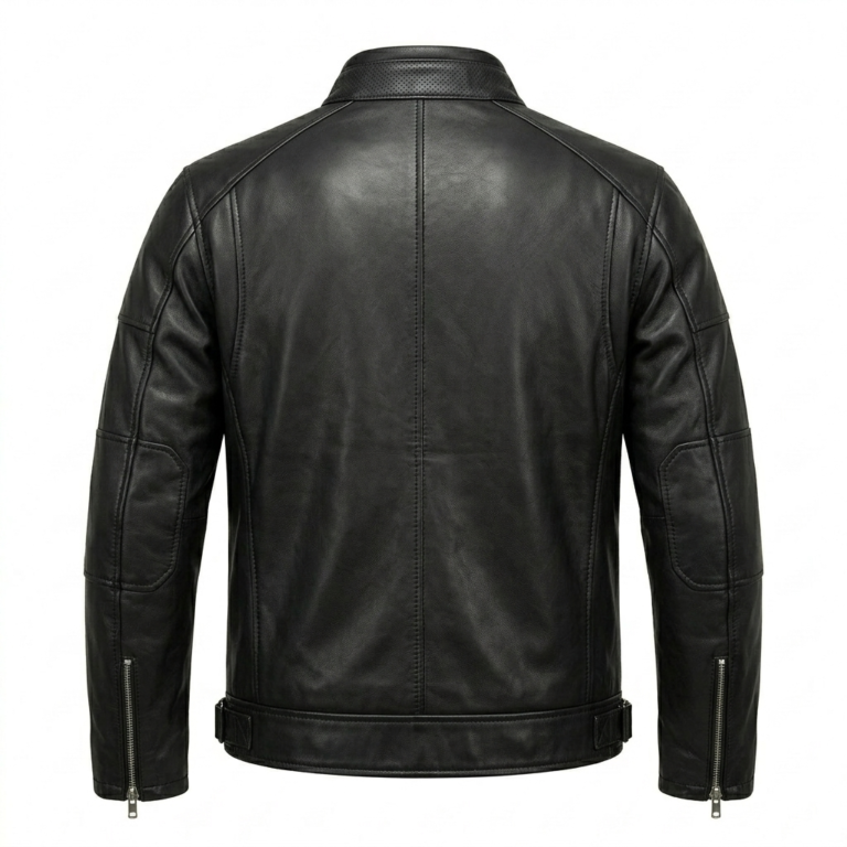 Refined Men's Black Leather Racer Jacket MAS Leather Garments Back View