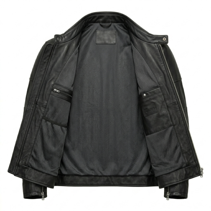 Refined Men's Black Leather Racer Jacket MAS Leather Garments Inner View