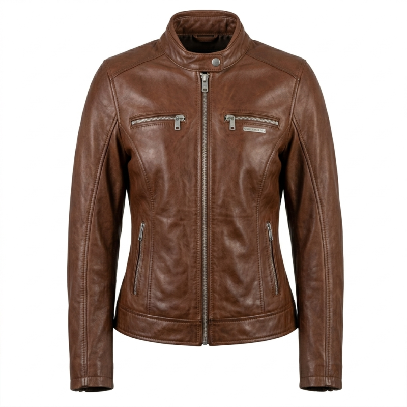 Refined Women's Brown Leather Café Racer Jacket MAS Leather Garments