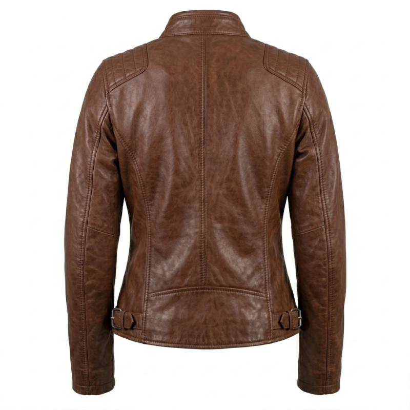 Refined Women's Brown Leather Café Racer Jacket MAS Leather Garments Back View