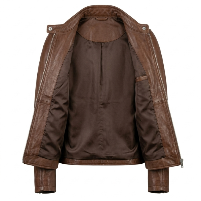 Refined Women's Brown Leather Café Racer Jacket MAS Leather Garments Inner View