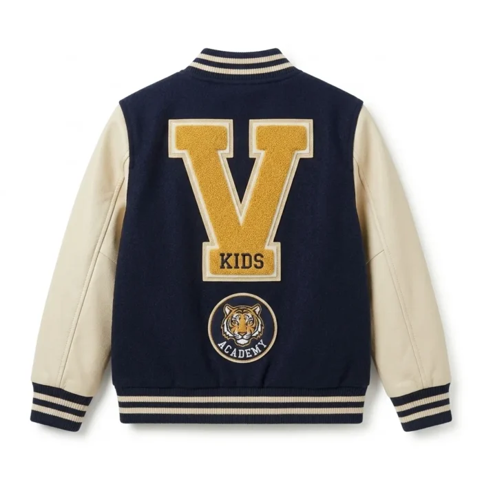 Signature Boys Kids Navy Wool Varsity Jacket MAS Leather Garments Back View