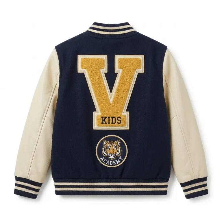 Signature Boys Kids Navy Wool Varsity Jacket MAS Leather Garments Back View