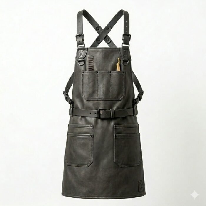 Handcrafted Dark Gray Genuine Leather Barber Apron | MAS Leather Garments - Image 1