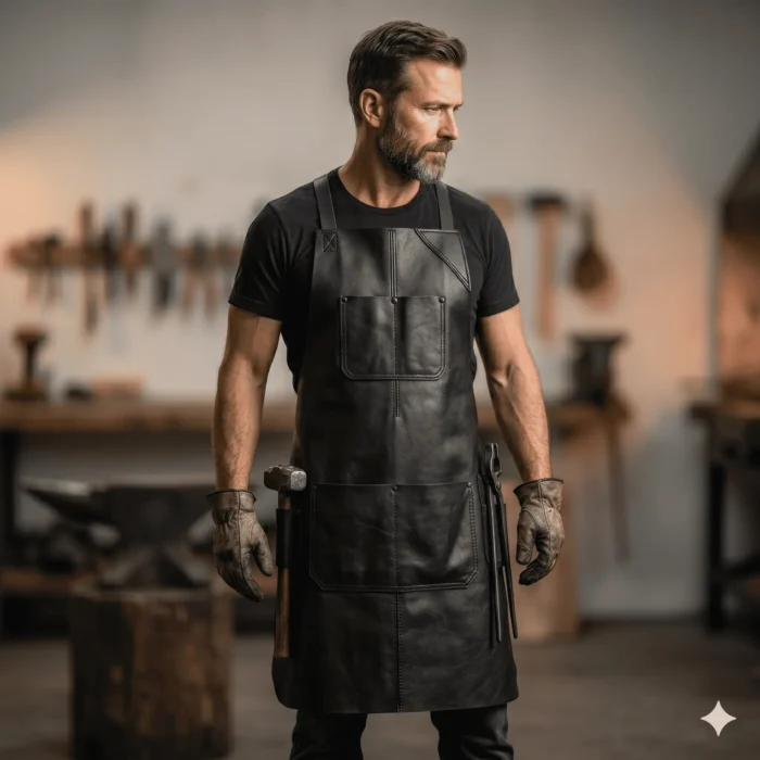 black Smith apron lifestyle Handcrafted Genuine Leather Blacksmith Apron Men's Workwear | MAS Leather Garments - Image 1