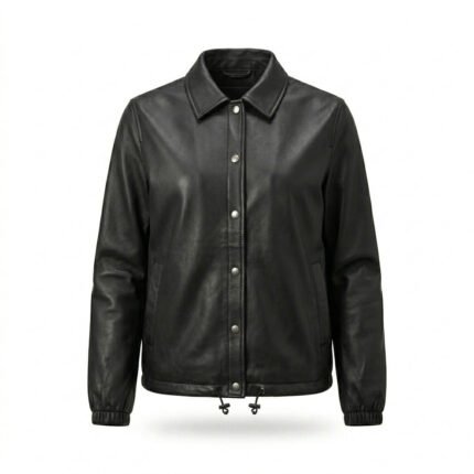 Streetwear Smooth Black Genuine Leather Coach Jacket for Women | MAS Leather Garments