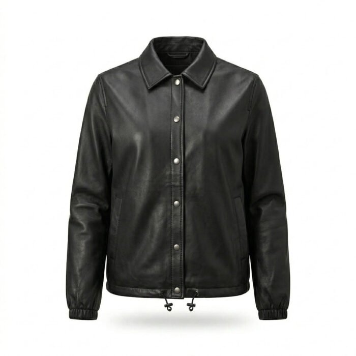Streetwear Smooth Black Genuine Leather Coach Jacket for Women | MAS Leather Garments - Image 1