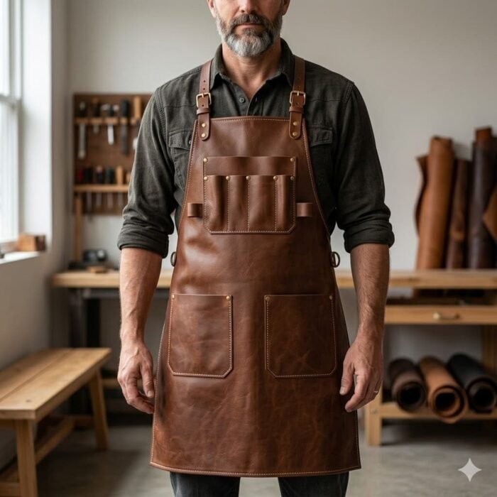 Handcrafted Brown Genuine Leather Craftsman Apron for work | MAS Leather Garments - Image 3