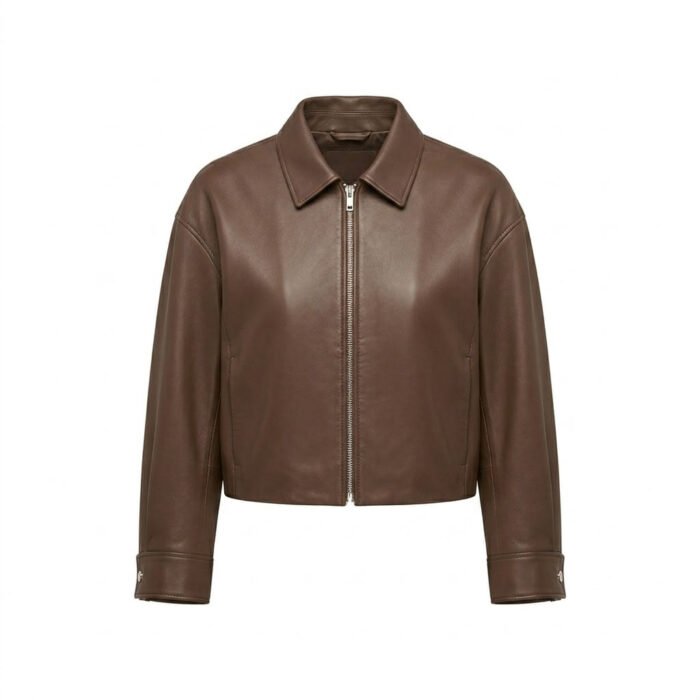 Minimalist Brown Genuine Leather Cropped Jacket for Women | MAS Leather Garments - Image 1