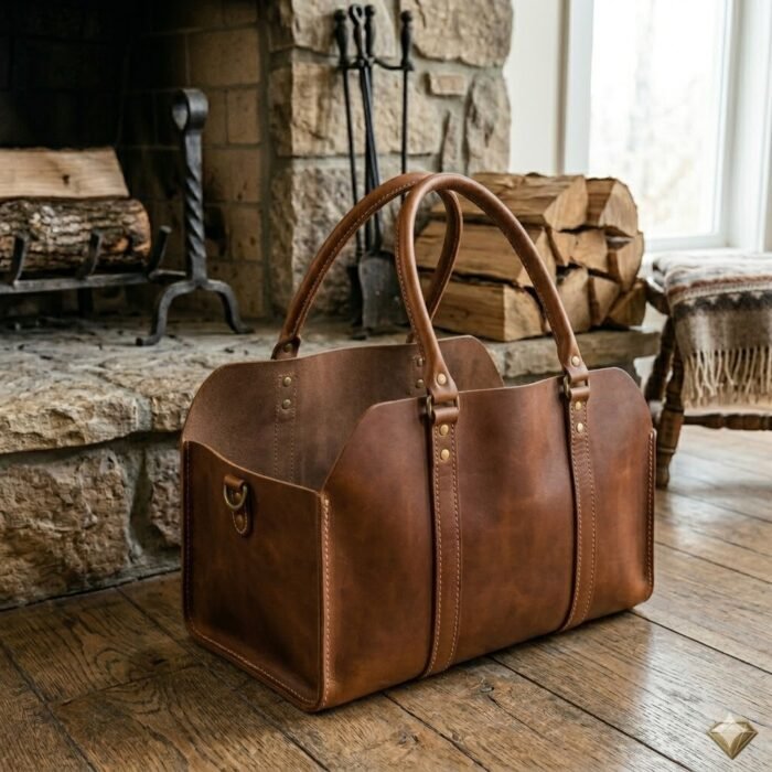 Premium Brown Genuine Leather Log Carriers Decorative Firewood Holder | MAS Leather Garments - Image 2