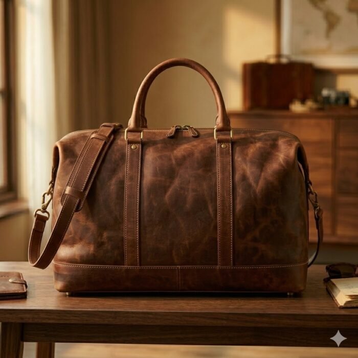 Premium Brown Distressed Genuine Leather Travel Bag | MAS Leather Garments - Image 4
