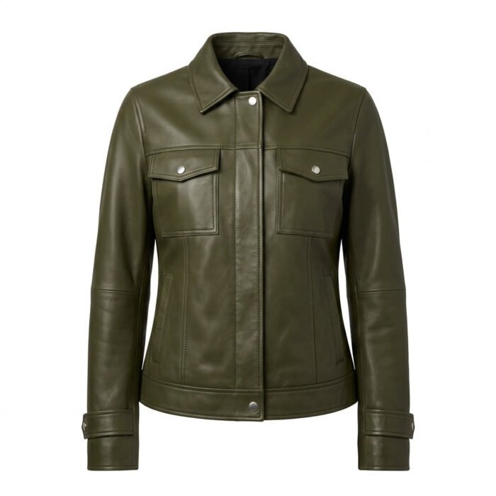 Structured Utility Olive Green Leather Military Jacket for Women | MAS Leather Garments - Image 1