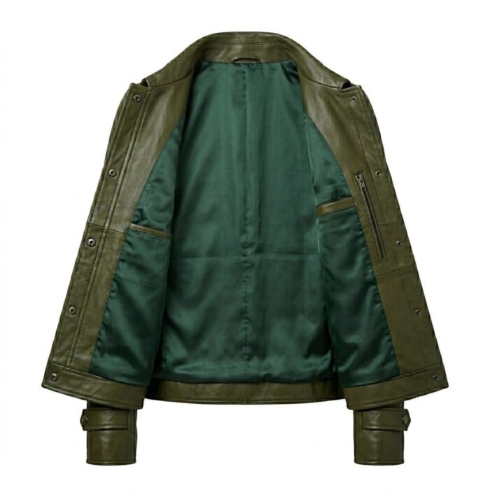 Structured Utility Olive Green Leather Military Jacket for Women | MAS Leather Garments - Image 2