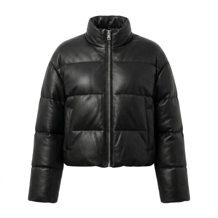 Winter Comfort Black Genuine Leather Puffer Jacket for Women | MAS Leather Garments - Image 1