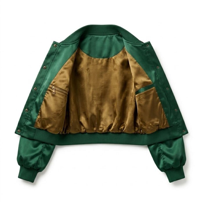 Premium Green Silk Satin Jacket For Women Bomber Style | MAS Leather Garments - Image 3