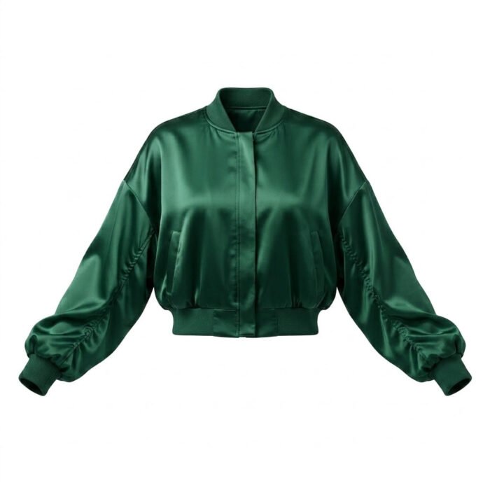 Premium Green Silk Satin Jacket For Women Bomber Style | MAS Leather Garments - Image 1