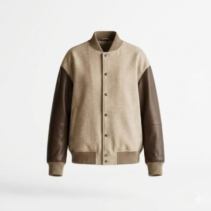 Premium Beige Cream Genuine Leather Women's Varsity Jacket | MAS Leather Garments