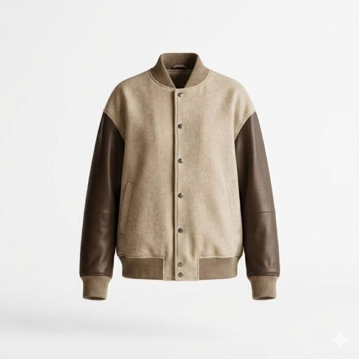 Premium Beige Cream Genuine Leather Women's Varsity Jacket | MAS Leather Garments - Image 1