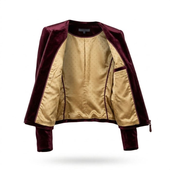 Iconic Luxury Burgundy Bomber Velvet Jacket for Women | MAS Leather Garments - Image 2