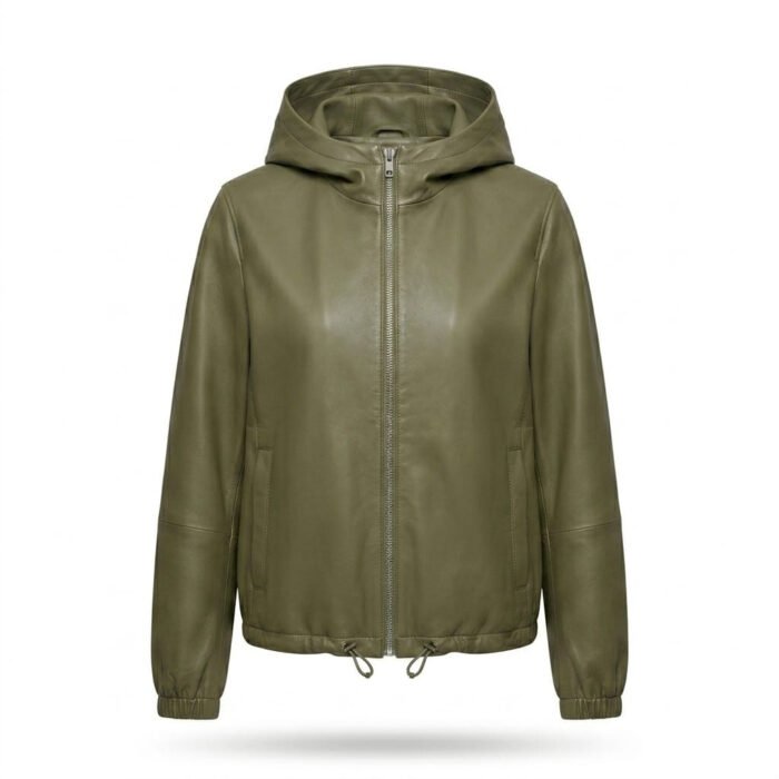 Handmade Olive Green Genuine Leather Hooded Windbreaker for Women | MAS Leather Garments - Image 1