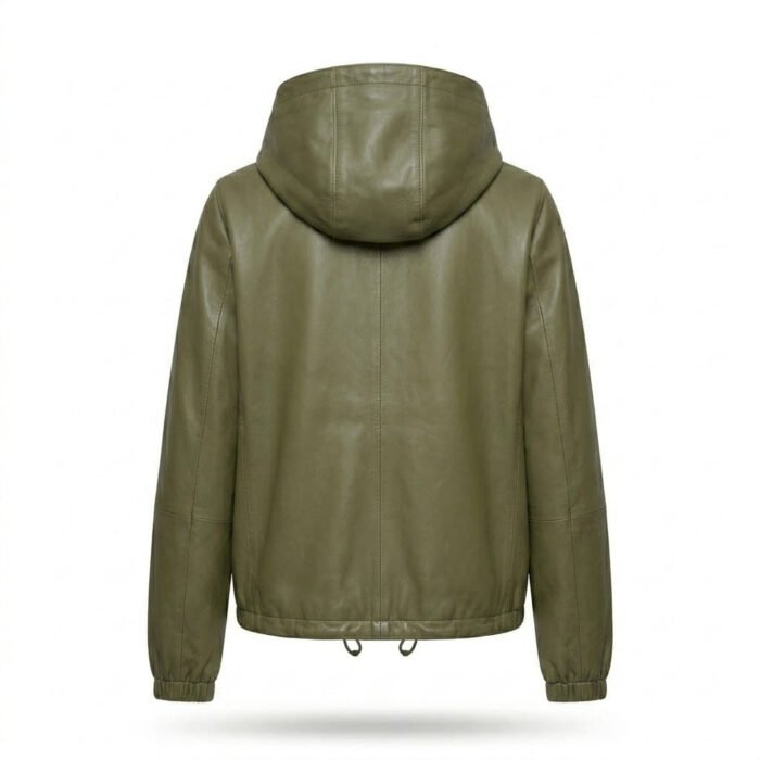 Handmade Olive Green Genuine Leather Hooded Windbreaker for Women | MAS Leather Garments - Image 3